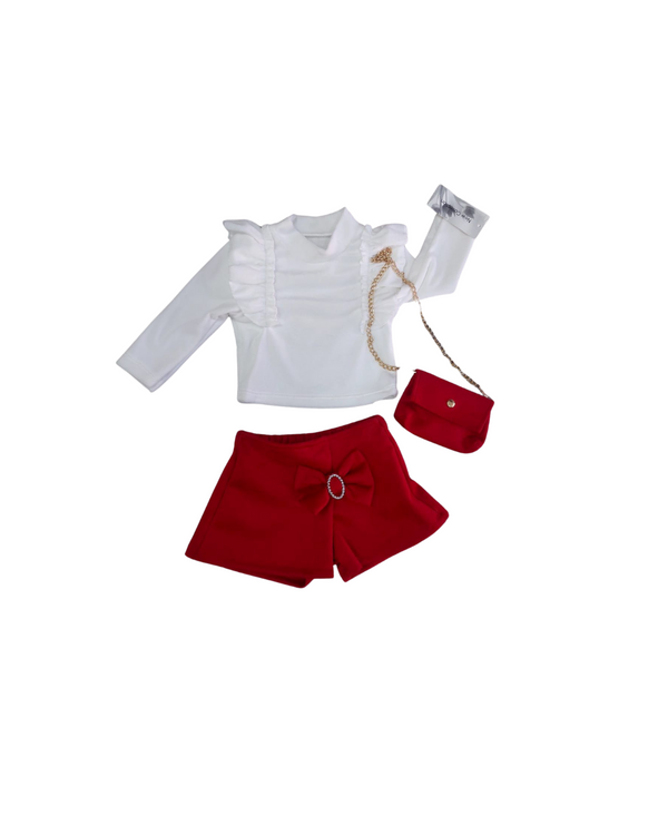 Conjunto Elegante Branco e Vermelho com folhos
