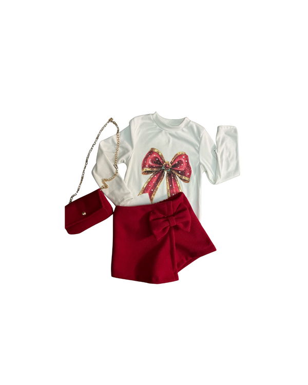 Conjunto Elegante com Laço Vermelho e Carteira